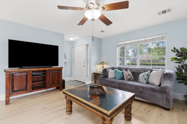 living room with a ceiling fan, baseboards, visible vents, and light wood-type flooring