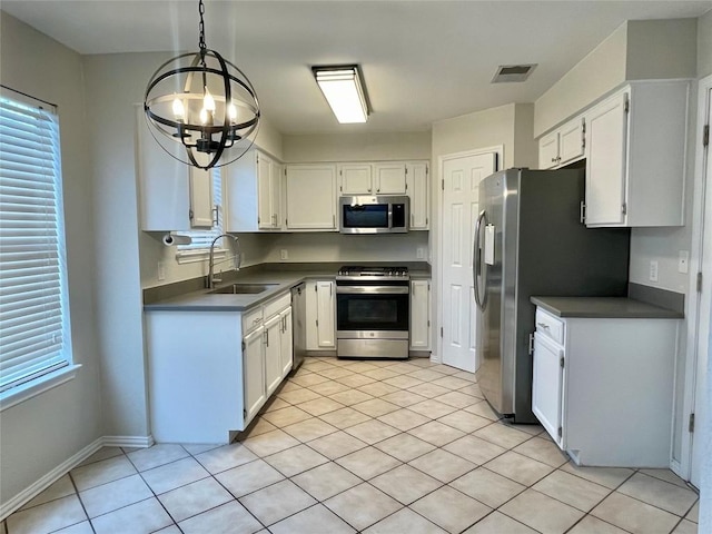 kitchen featuring white cabinets, dark countertops, appliances with stainless steel finishes, a sink, and visible vents