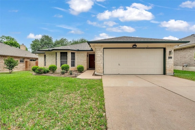 ranch-style home with an attached garage, stone siding, driveway, and a front yard
