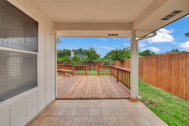 wooden deck featuring a fenced backyard and visible vents