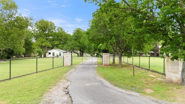 view of road with a gate, a gated entry, and aphalt driveway
