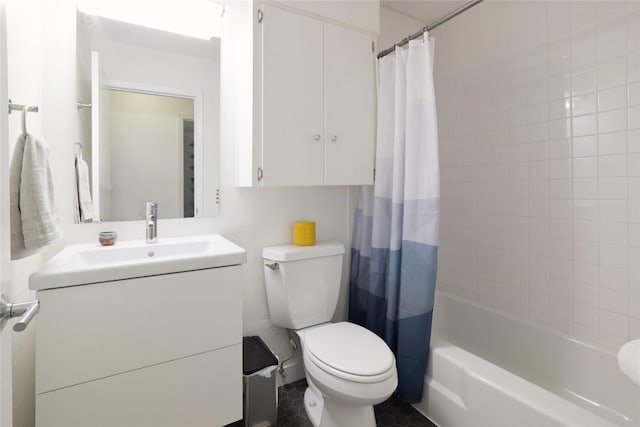 bathroom with vanity, toilet, and shower / bath combination with curtain