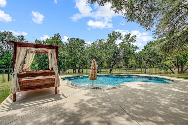 view of swimming pool featuring a patio, a fenced backyard, and a fenced in pool