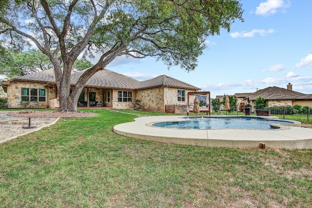 view of swimming pool with a lawn, fence, a pergola, and a fenced in pool