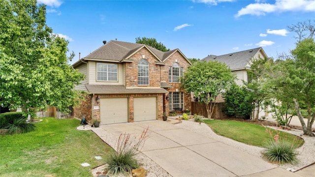 traditional home featuring driveway, a garage, brick siding, fence, and a front lawn