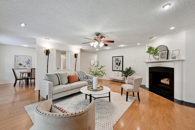 living area featuring a ceiling fan, a textured ceiling, and wood finished floors