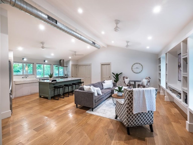 5203 Branding Chase St, Austin, TX 78727 - living area featuring ceiling fan, lofted ceiling with beams, light wood-style floors, recessed lighting, and visible vents