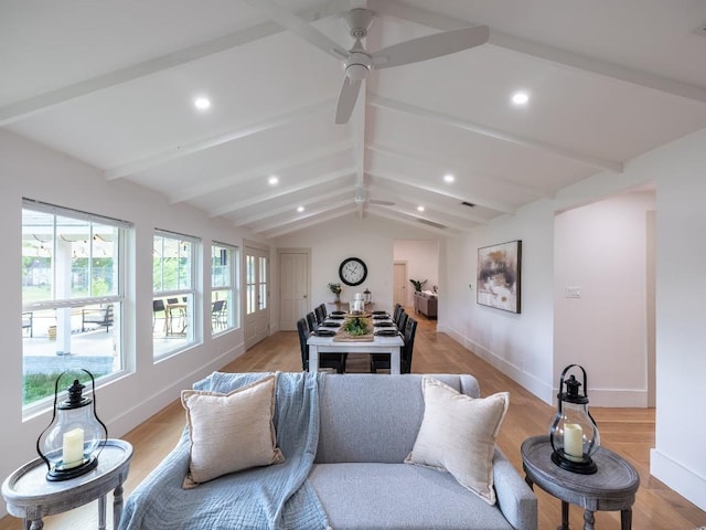 5203 Branding Chase St, Austin, TX 78727 - living room featuring a ceiling fan, baseboards, light wood finished floors, vaulted ceiling with beams, and recessed lighting