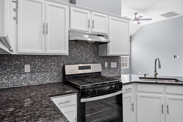1214 Vargas Rd Unit B, Austin, TX 78741 - kitchen with stainless steel gas stove, under cabinet range hood, and white cabinetry