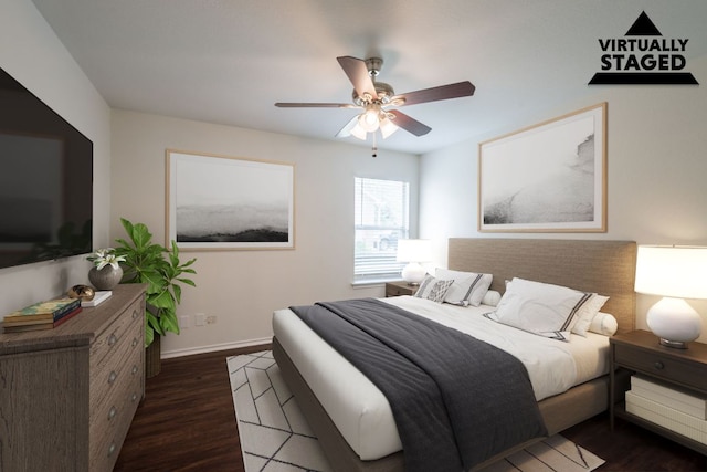 292 Dandelion Loop, Kyle, TX 78640 - bedroom featuring dark wood-type flooring, baseboards, and a ceiling fan