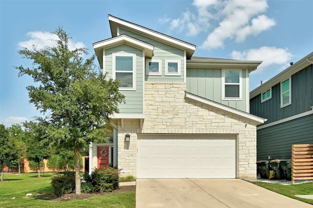 view of front facade featuring a garage, board and batten siding, driveway, and stone siding