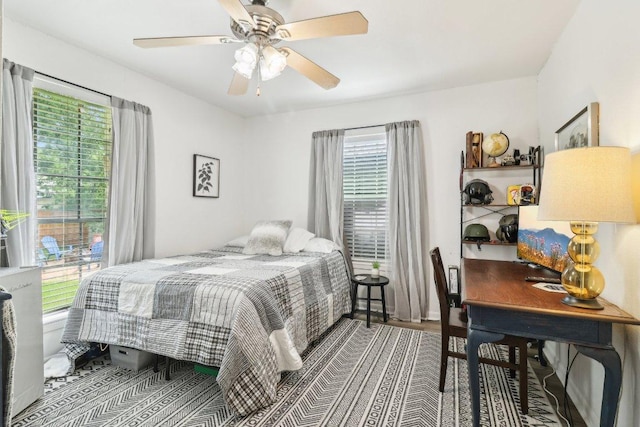 421 James St, Boerne, TX 78006 - bedroom featuring multiple windows, a ceiling fan, and wood finished floors