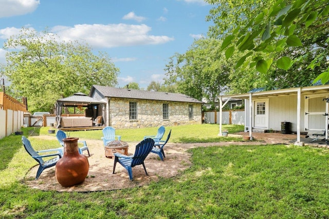 421 James St, Boerne, TX 78006 - view of yard with a fire pit, a gazebo, and a patio area