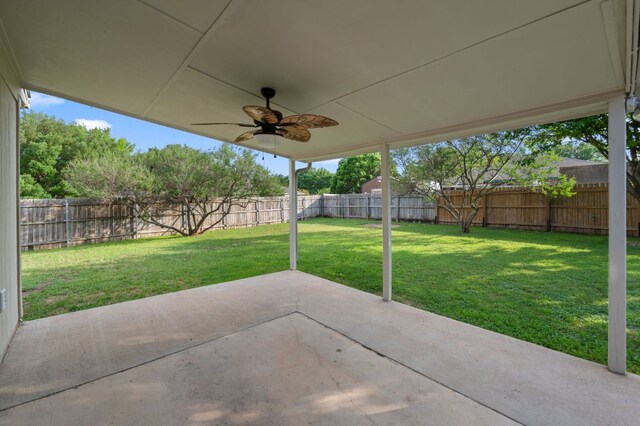 view of patio / terrace with a fenced backyard and ceiling fan