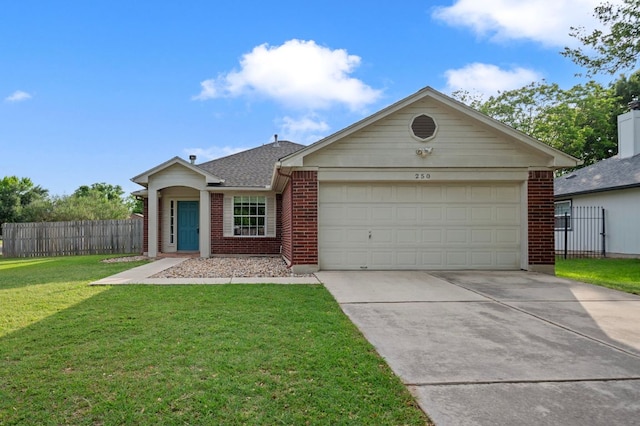 ranch-style home featuring a garage, a front lawn, fence, brick siding, and concrete driveway