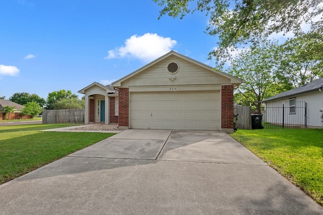 single story home featuring concrete driveway, brick siding, fence, and a front yard