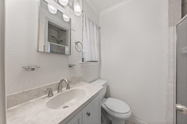 full bathroom with crown molding, walk in shower, toilet, and vanity
