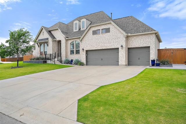 view of front of property with fence, an attached garage, a shingled roof, a front lawn, and concrete driveway