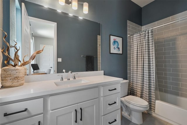 bathroom with vanity, shower / tub combo, tile patterned flooring, and toilet