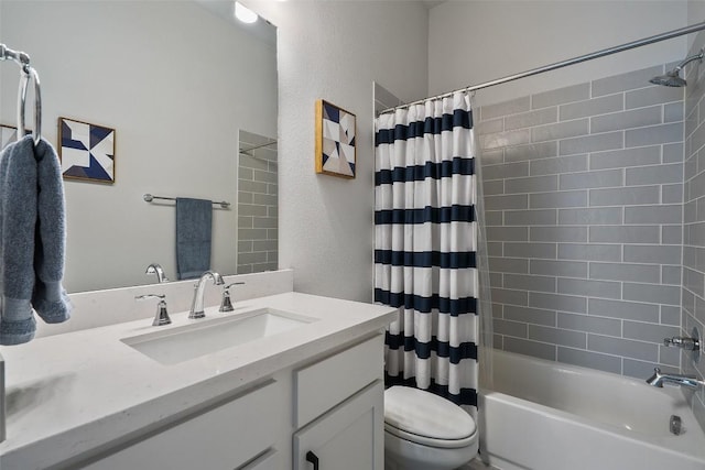 bathroom with toilet, shower / bath combination with curtain, and vanity