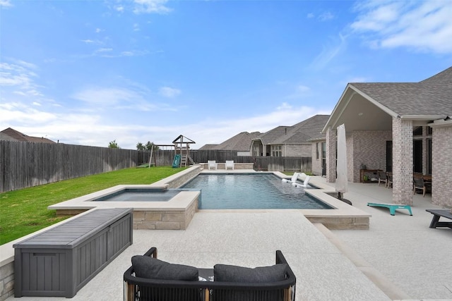 view of pool with a lawn, a fenced in pool, a fenced backyard, a playground, and a patio