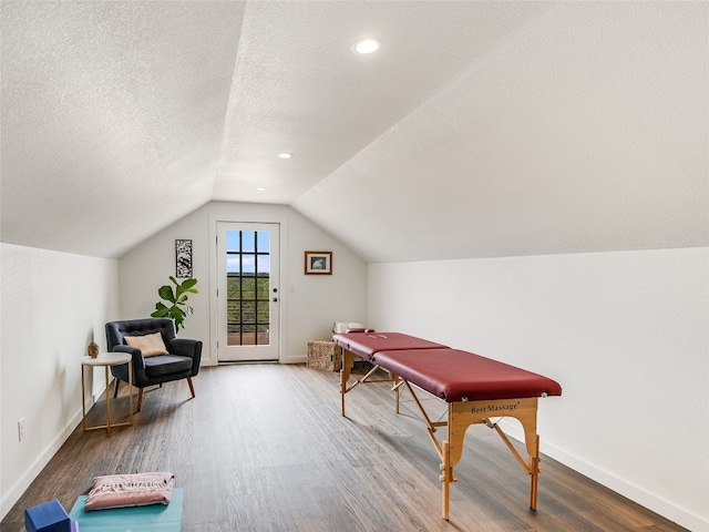 424 Hidden Creek Dr, Dripping Springs, TX 78620 - game room featuring wood finished floors, vaulted ceiling, baseboards, and a textured ceiling