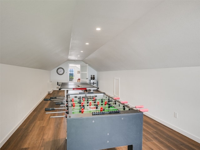 playroom featuring baseboards, recessed lighting, lofted ceiling, and wood finished floors