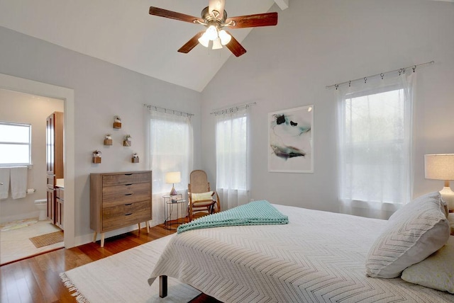 503 Allen St Unit 503A, Austin, TX 78702 - bedroom with high vaulted ceiling, ceiling fan, wood finished floors, and ensuite bath