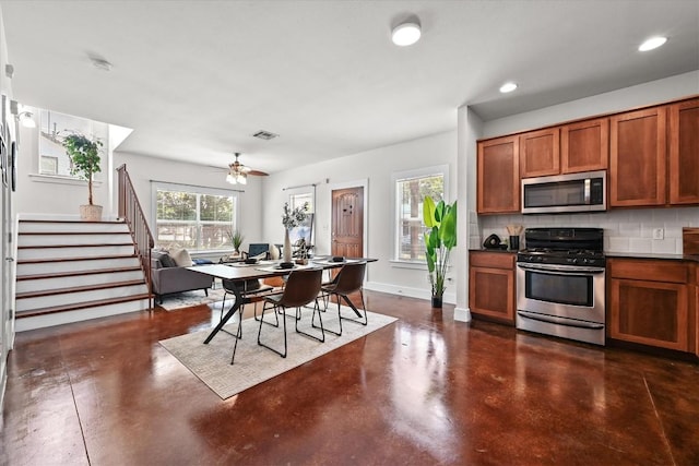 503 Allen St Unit 503A, Austin, TX 78702 - dining room featuring finished concrete flooring, recessed lighting, stairs, and ceiling fan