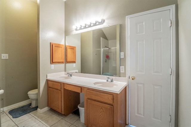 bathroom featuring a sink, tile patterned floors, a shower stall, and toilet