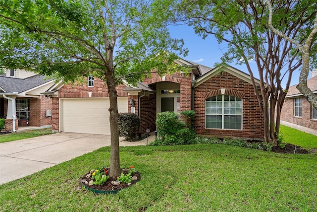 view of front facade featuring concrete driveway, brick siding, an attached garage, and a front lawn