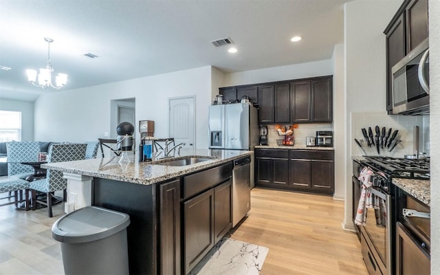 kitchen featuring decorative backsplash, visible vents, light wood-type flooring, a sink, and stainless steel appliances