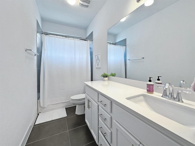 bathroom featuring visible vents, tile patterned flooring, shower / tub combo, vanity, and toilet