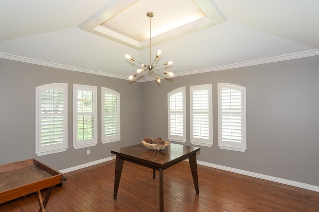 office area with a chandelier, ornamental molding, a wealth of natural light, and wood finished floors