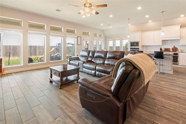 3105 High Meadow St, Seguin, TX 78155 - living room with a ceiling fan, light wood-type flooring, and recessed lighting