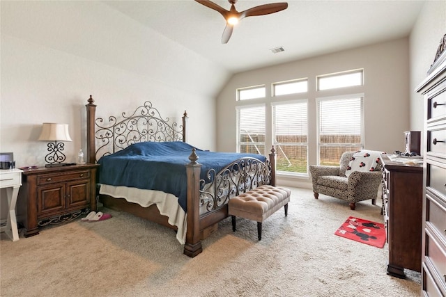 3105 High Meadow St, Seguin, TX 78155 - bedroom with light carpet, vaulted ceiling, and a ceiling fan