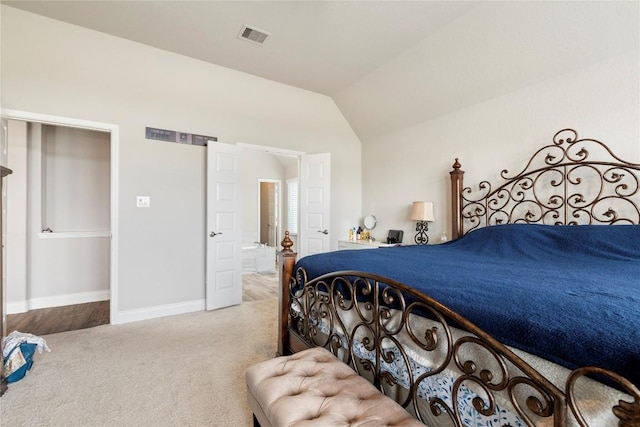 3105 High Meadow St, Seguin, TX 78155 - bedroom featuring carpet flooring, vaulted ceiling, baseboards, and connected bathroom