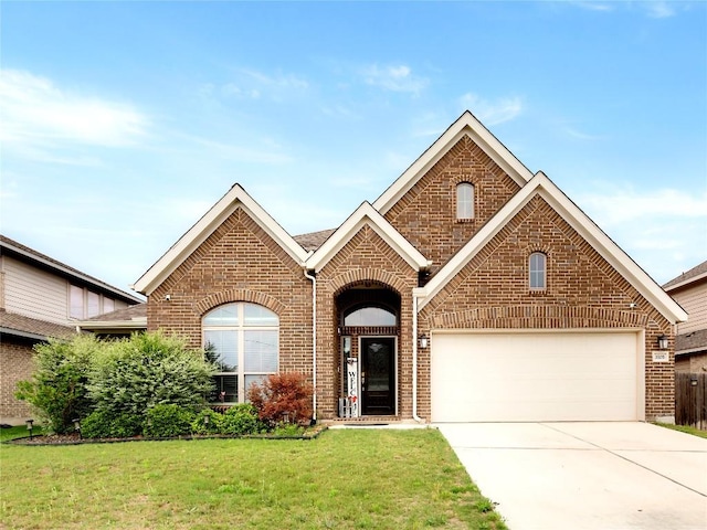 3105 High Meadow St, Seguin, TX 78155 - traditional home with brick siding, concrete driveway, a front yard, and a garage
