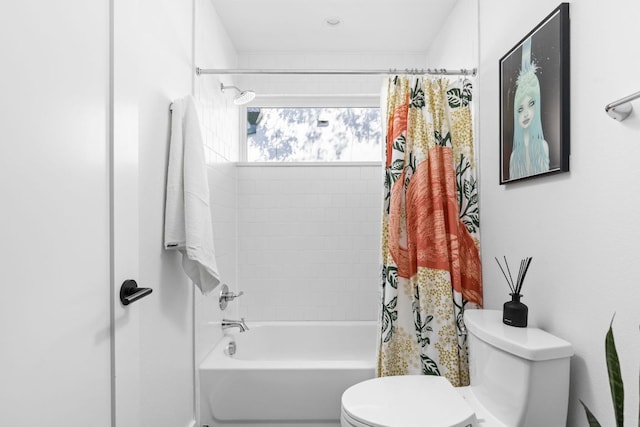 bathroom featuring toilet and shower / bathtub combination with curtain