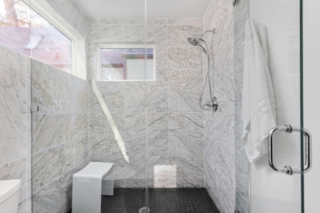 bathroom with a shower stall and toilet