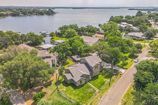 aerial view featuring a water view and a residential view