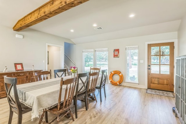 dining room featuring beam ceiling, recessed lighting, light wood-style flooring, and visible vents