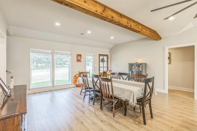 dining area with visible vents, recessed lighting, and light wood finished floors