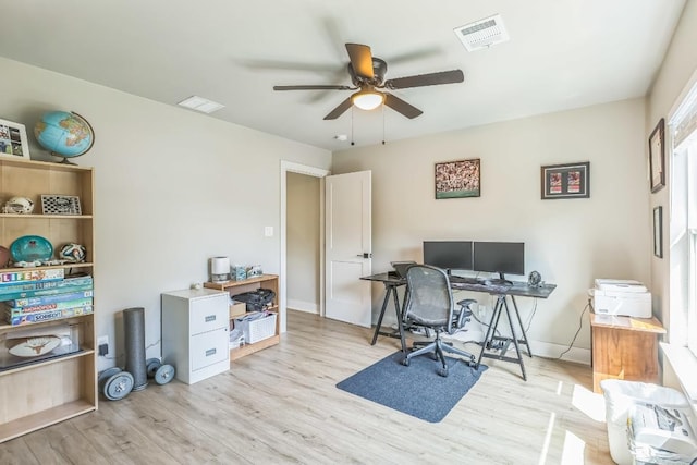 office space featuring baseboards, ceiling fan, light wood-style flooring, and visible vents