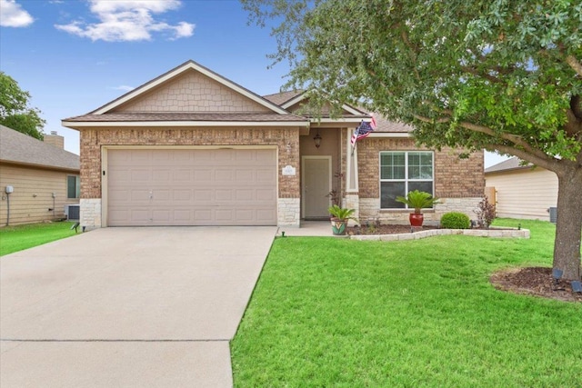 ranch-style home with an attached garage, central AC, a front lawn, stone siding, and concrete driveway