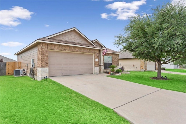 single story home with fence, an attached garage, a front yard, central air condition unit, and driveway