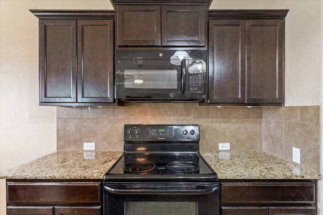 kitchen featuring backsplash, dark brown cabinetry, black appliances, and light stone countertops