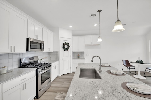 kitchen featuring decorative backsplash, visible vents, a sink, stainless steel appliances, and white cabinetry