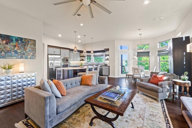 5705 Puccoon Cv, Austin, TX 78759 - living room with a ceiling fan, dark wood-style flooring, and recessed lighting