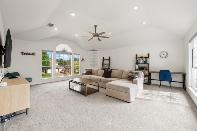 2045 Saint Andrews Dr, Round Rock, TX 78664 - living area featuring vaulted ceiling, light carpet, ceiling fan, and recessed lighting